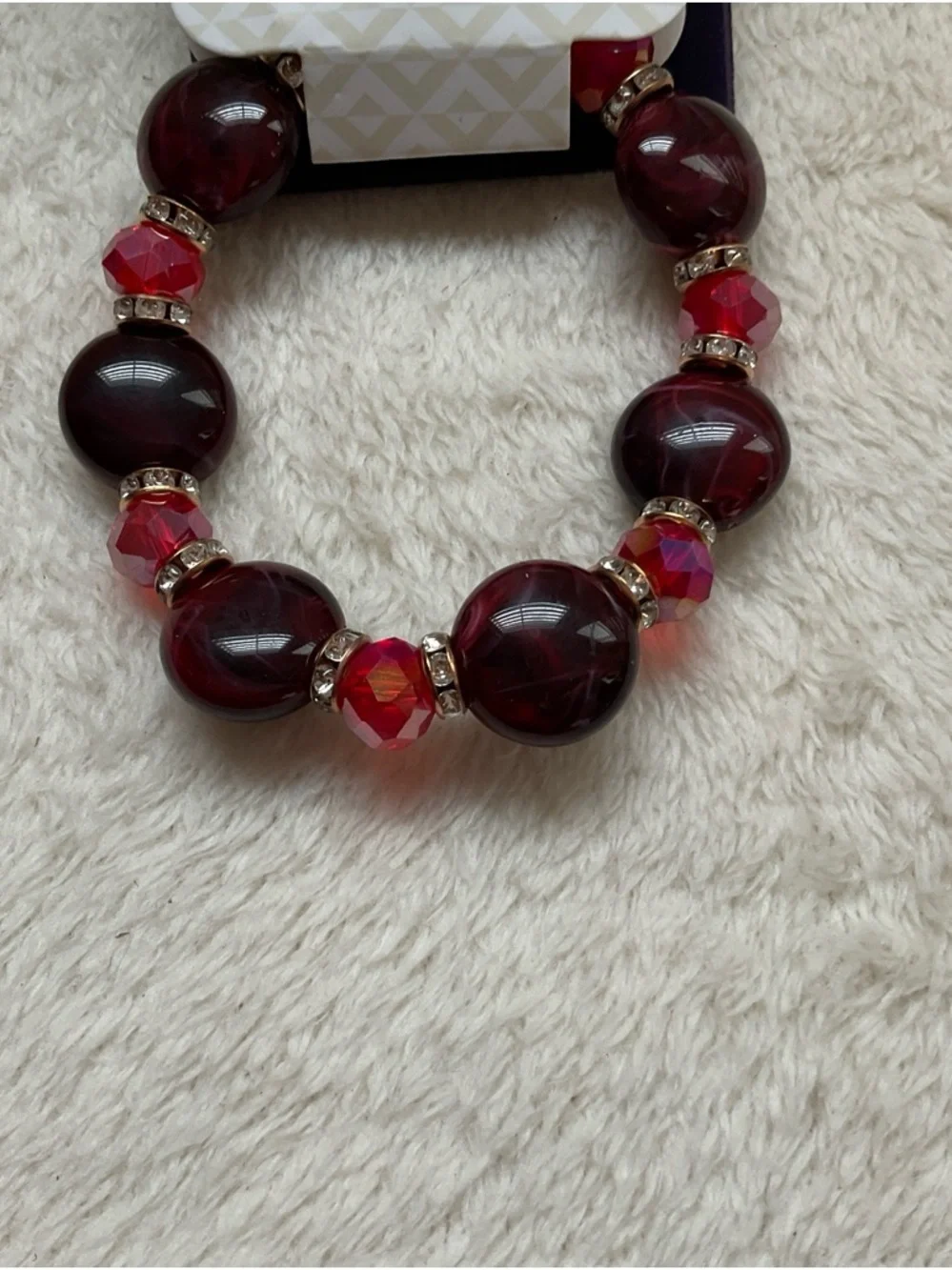 Deep Red Beaded Stretch Bracelet with Faceted Accents